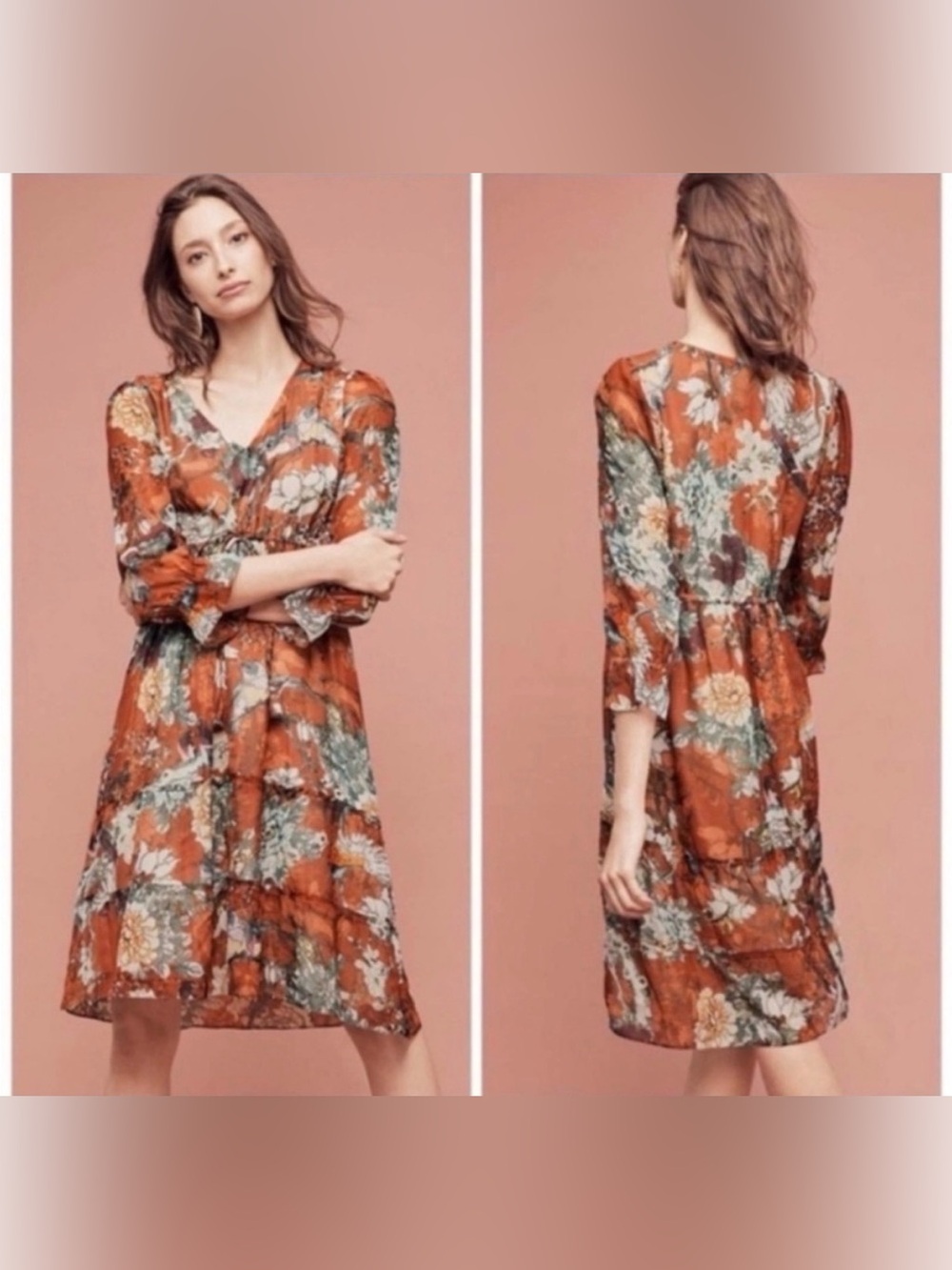 Hemant & Nandita
Anthropologie Zeri Dress in Brown Cream Floral Pattern size 2